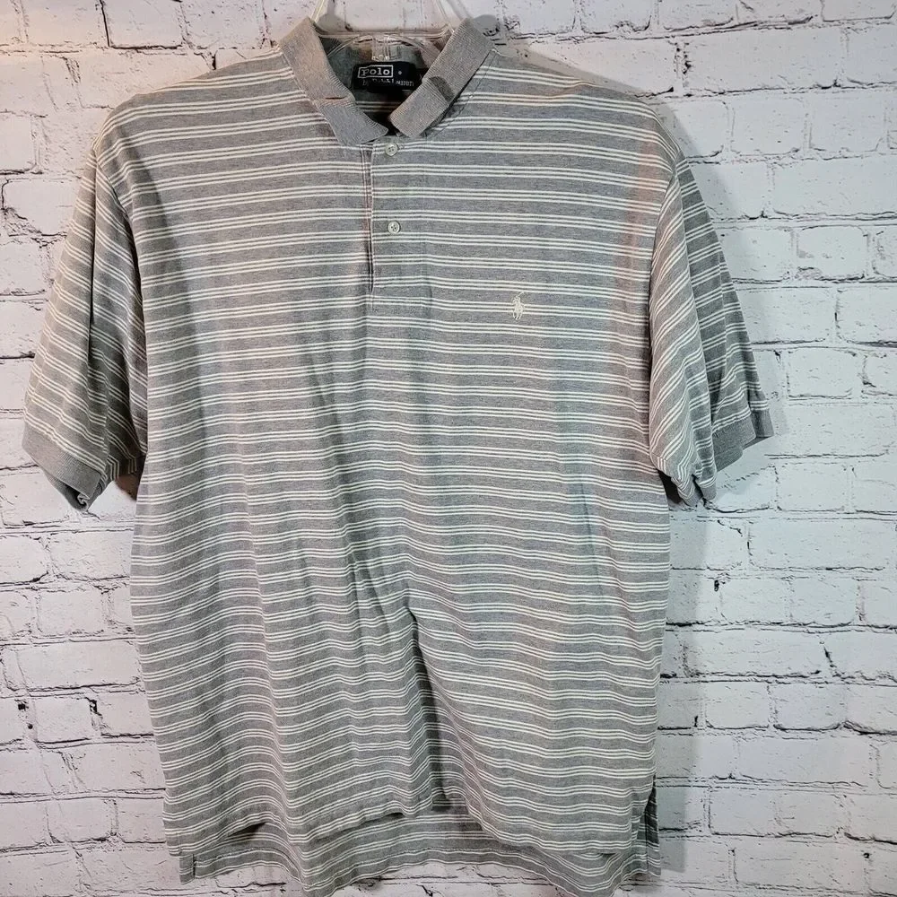 Polo Ralph Lauren Polo Shirt‎ Mens XL Grey Striped Excellent Short Sleeve Cotton